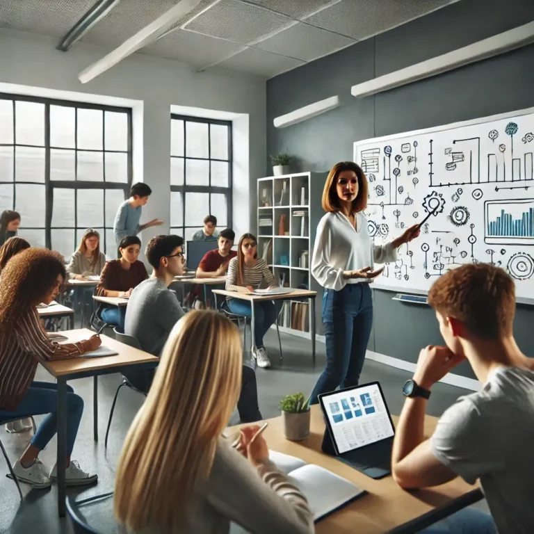 Ilustração conceitual da educação formal, mostrando uma sala de aula diversa com alunos de diferentes idades aprendendo com um professor. O ambiente inclui livros, um quadro-negro e tecnologia moderna, como laptops e tablets, representando o ensino contemporâneo