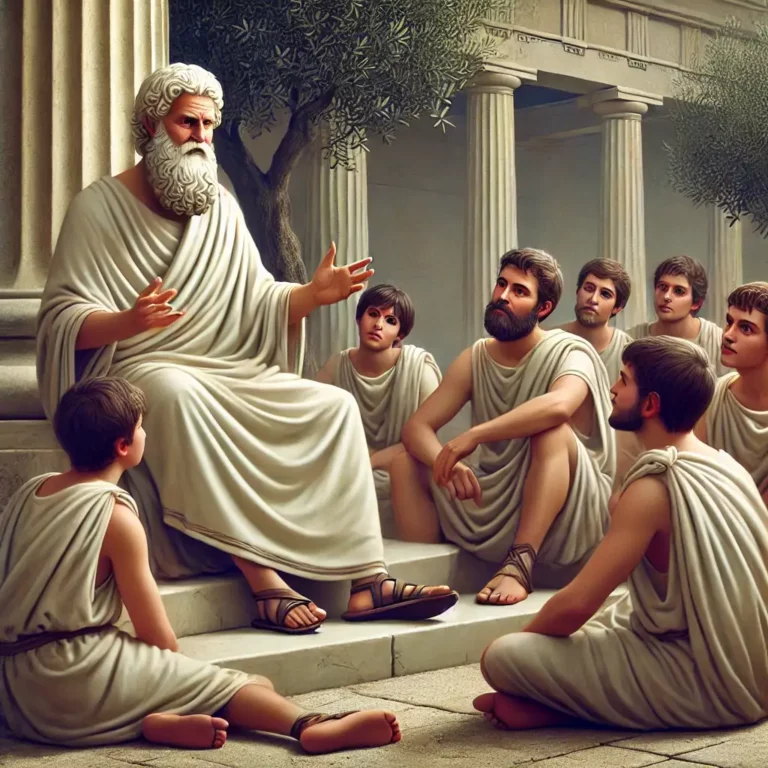 Filósofo grego a ensinar jovens na Grécia Antiga, simbolizando as origens da educação