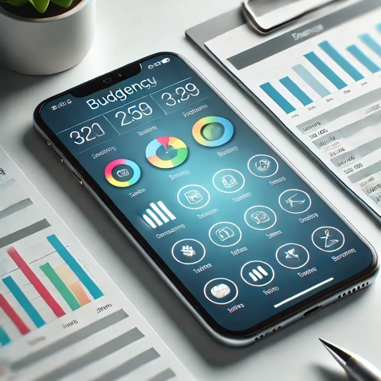 Smartphone exibindo aplicações sobre finanças pessoais com gráficos e dados financeiros para controle de orçamento e gestão de dinheiro
