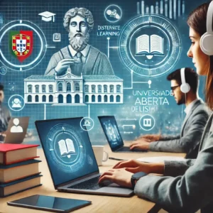 Educação à Distância em Portugal com estudantes a estudar online com computadores e tablets, representando os cursos à distância da Universidade Aberta e da Universidade de Lisboa
