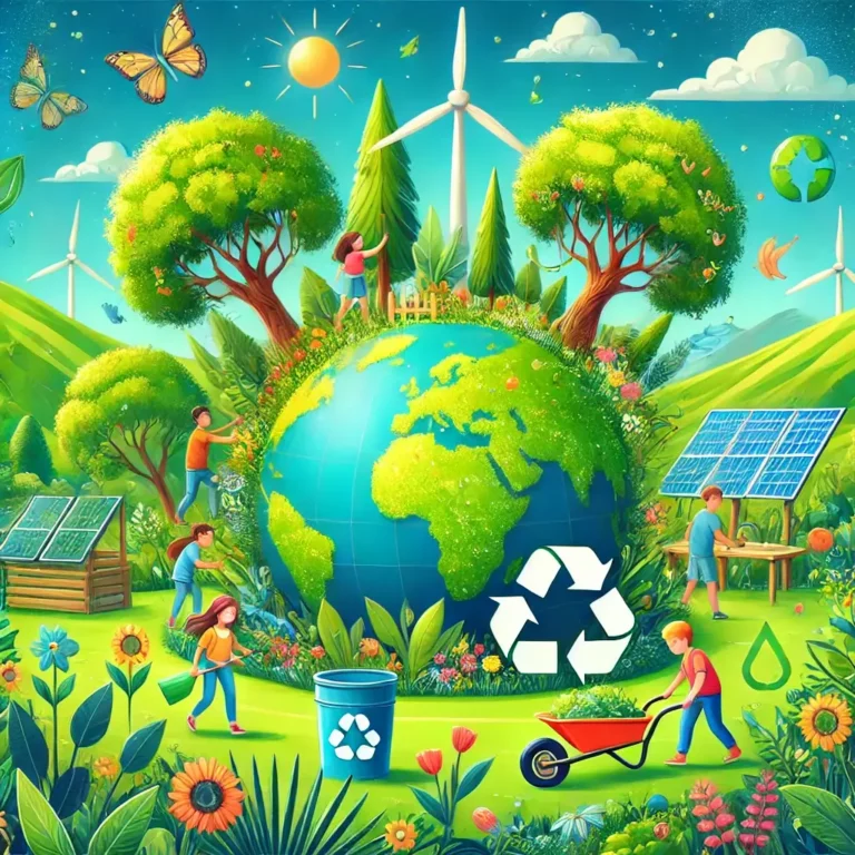 Ilustração vibrante sobre educação ambiental, mostrando crianças plantando árvores e reciclando em um ambiente verde, com um globo destacando ícones sustentáveis como painéis solares e turbinas eólicas