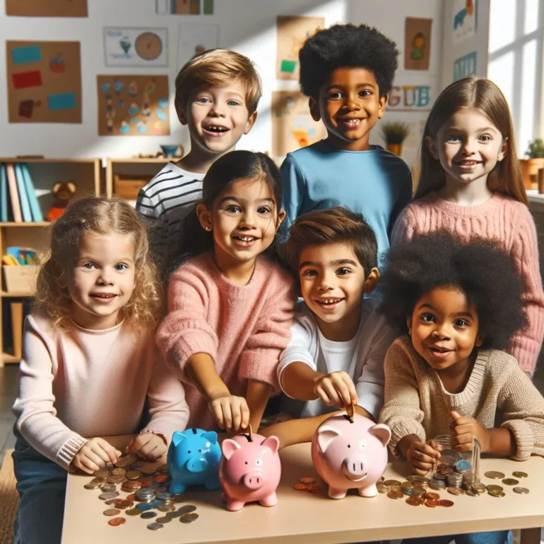 Crianças aprendendo sobre poupança com um mealheiro mostrando a importância da Educação Financeira