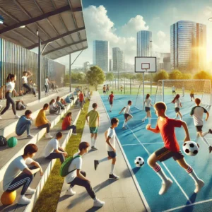 Estudantes em Portugal a praticar desporto ao ar livre, destacando a importância da educação física para a saúde e o bem-estar.