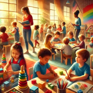 Crianças em um ambiente de Educação Infância, participando de atividades lúdicas e educativas com brinquedos pedagógicos, livros e materiais de arte, sob a orientação de uma professora em uma sala de aula colorida e acolhedora.
