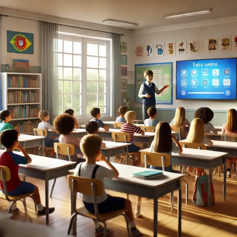 Sala de aula do Ensino Básico em Portugal, com alunos atentos e um professor a explicar a matéria num ecrã digital. O ambiente é acolhedor, com luz natural, livros e materiais educativos