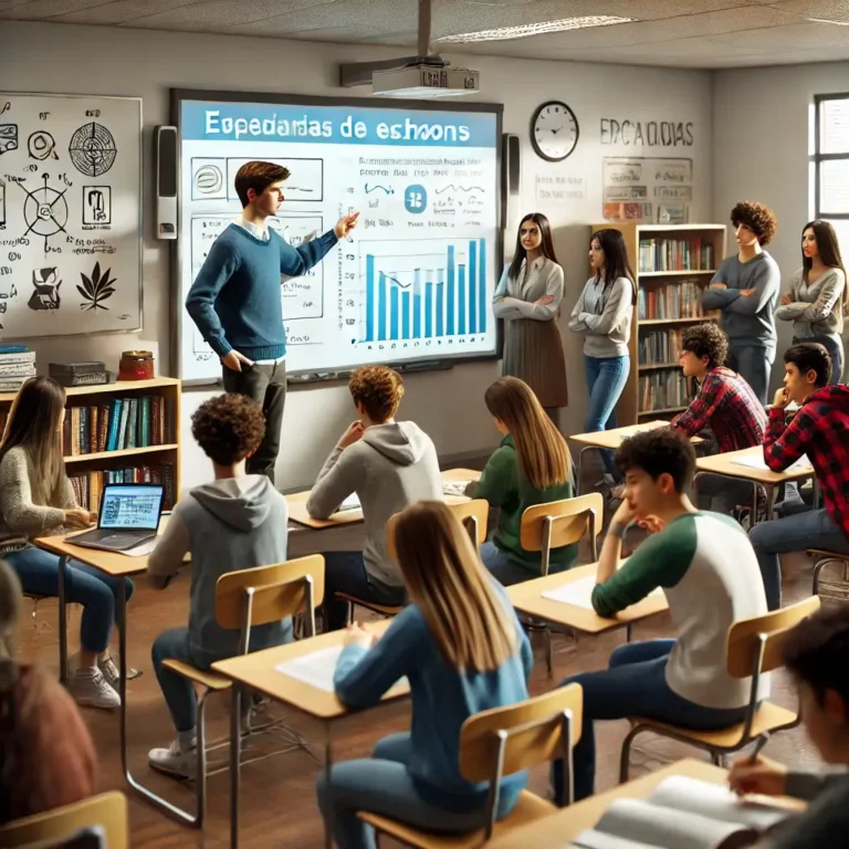 Sala de aula do Ensino Secundário em Portugal, com alunos atentos e um professor a ensinar num quadro digital. O ambiente é moderno e propício à aprendizagem.