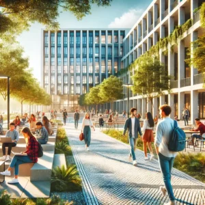 Campus universitário moderno em Portugal com estudantes a caminhar, estudar e conversar, representando o ensino superior em Portugal