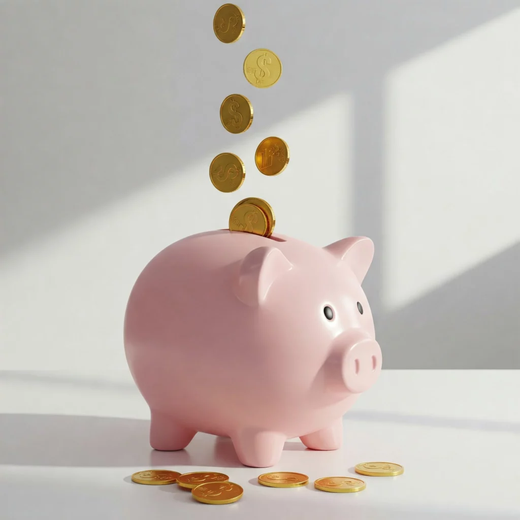 Porquinho de cerâmica com moedas caindo dentro, representando a segurança financeira do fundo de emergência.