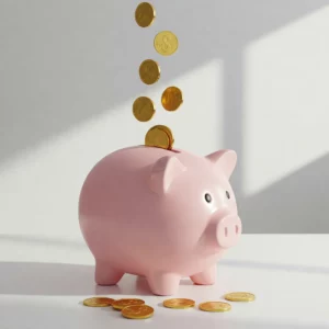 Porquinho de cerâmica com moedas caindo dentro, representando a segurança financeira do fundo de emergência.