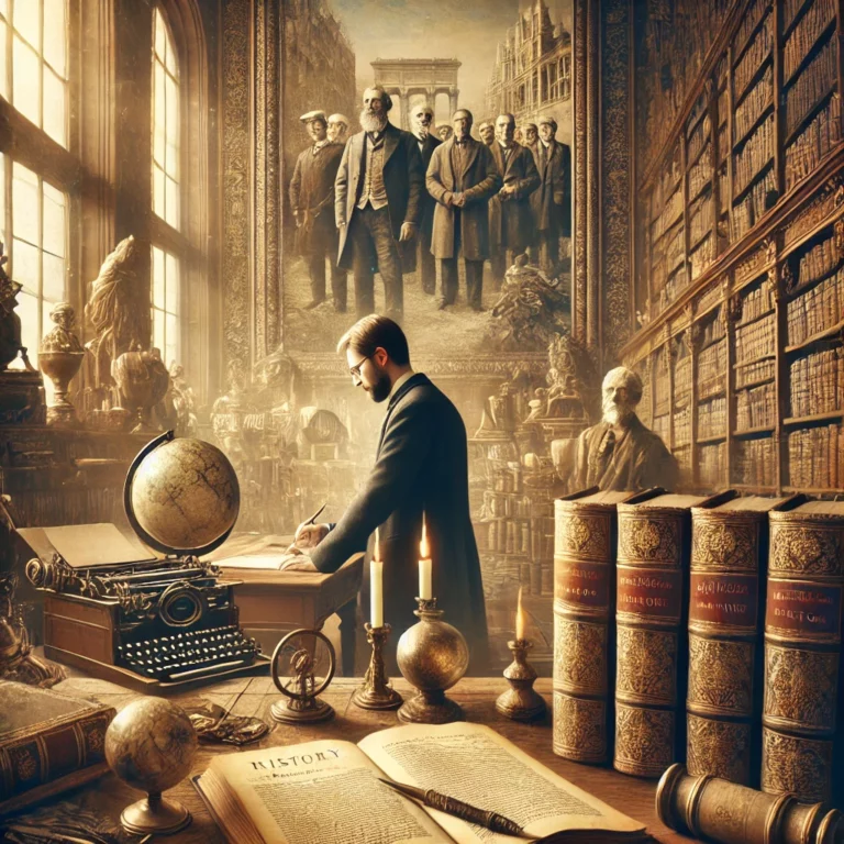 Historiador em uma grande biblioteca cercado por livros antigos e artefatos históricos, com imagens desbotadas de eventos marcantes ao fundo, simbolizando a importância da história na sociedade.