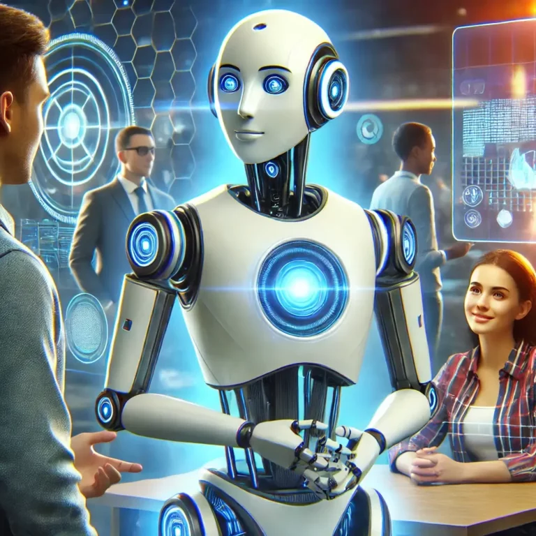 Ilustração de um robot com inteligência artificial a interagir com humanos