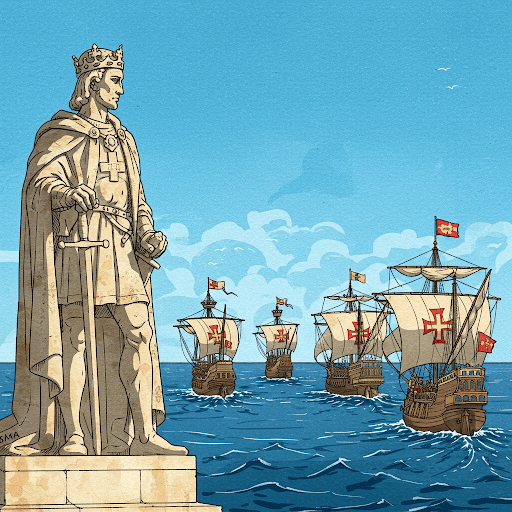 Ilustração de reis e caravelas a representar a monarquia portuguesa