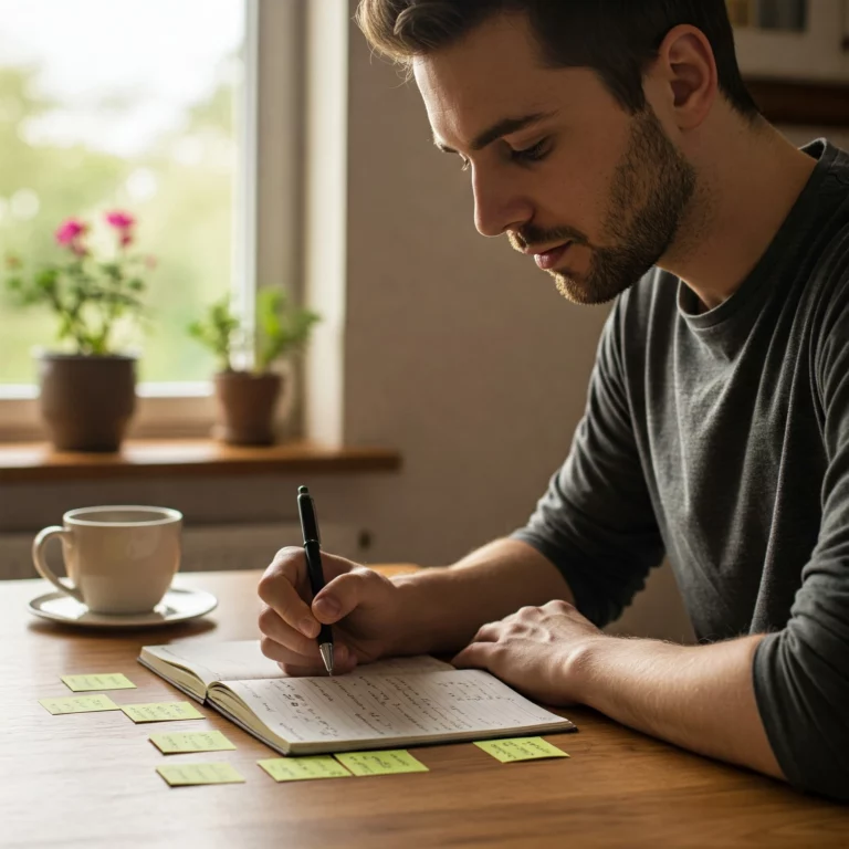 Pessoa anotando orçamento mensal em um caderno para planear poupar dinheiro.