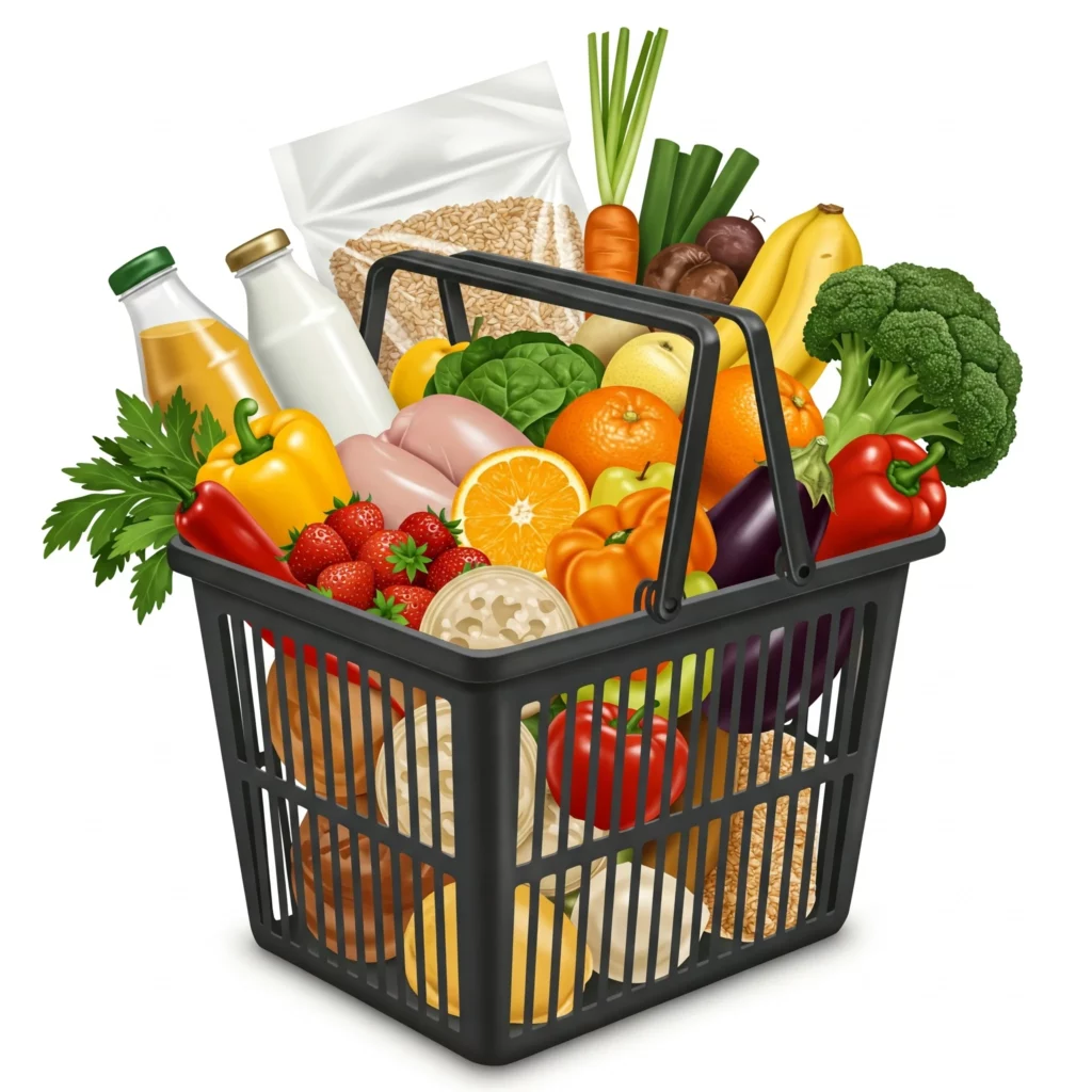 Cesta de compras cheia de alimentos frescos e saudáveis, representando como poupar no supermercado sem abrir mão da qualidade.