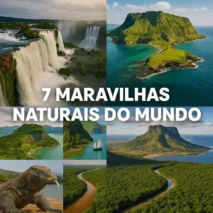 Colagem quadrada com imagens realistas das 7 Maravilhas Naturais do Mundo, incluindo Iguazu, Amazónia, Ilha Jeju, Parque Nacional de Komodo, Montanha da Mesa, Baía de Ha Long e Rio Subterrâneo de Puerto Princesa.