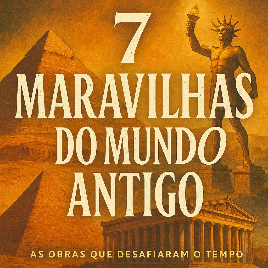 Capa ilustrada com elementos das 7 maravilhas do mundo antigo, incluindo a Grande Pirâmide, o Colosso de Rodes, o Farol de Alexandria e o Templo de Ártemis, com design artístico em tons dourados e atmosféricos.
