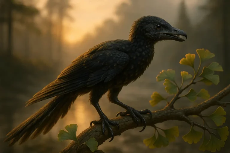 Archaeopteryx ultra realista, com penas escuras e cauda longa, pousado num ramo de ginkgo ao pôr do sol numa floresta pré-histórica.