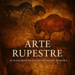 Montagem artística com arte rupestre das grutas de Chauvet, Altamira e Foz Côa.