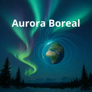 Céu noturno iluminado por aurora boreal com tons de verde e roxo sobre paisagem nevad