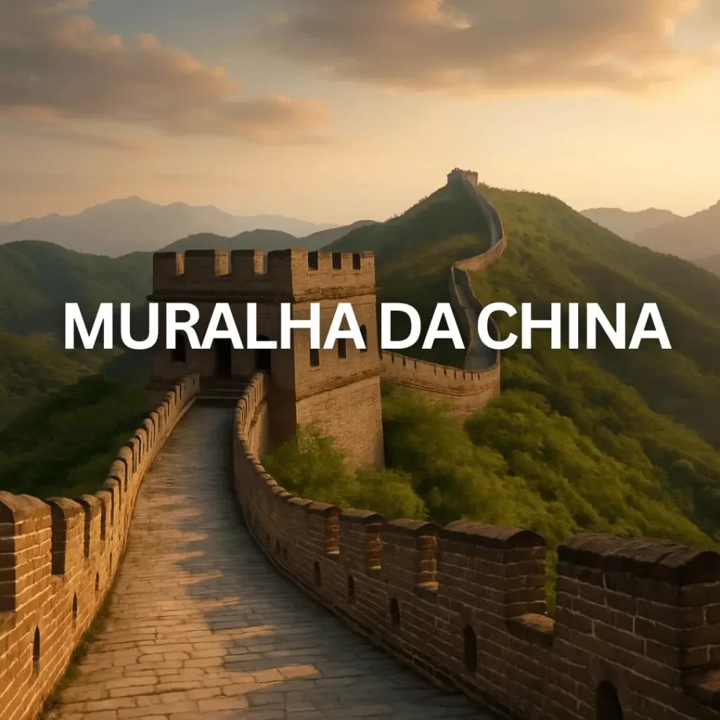 Imagem da muralha da China ao entardecer, com caminho em pedra e torre de vigia em destaque, ladeada por colinas verdes e céu dourado, com o texto "MURALHA DA CHINA" sobreposto ao centro.