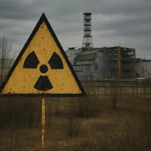 Placa de radiação enferrujada na zona de exclusão do acidente de Chernobyl com o reator 4 ao fundo, rodeado por vegetação abandonada