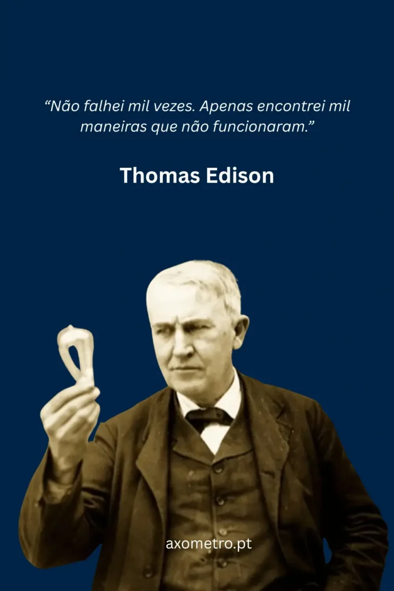 Citação inspiradora sobre persistência e aprendizagem com os erros, com fotografia antiga de um homem segurando uma lâmpada sobre fundo azul escuro.