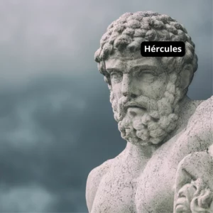 Estátua de Hércules em mármore, com expressão séria e corpo musculado, contra um céu nublado.