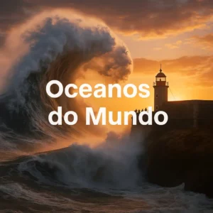 Onda gigante da Nazaré a embater no farol ao pôr do sol, com o texto Oceanos do Mundo ao centro.