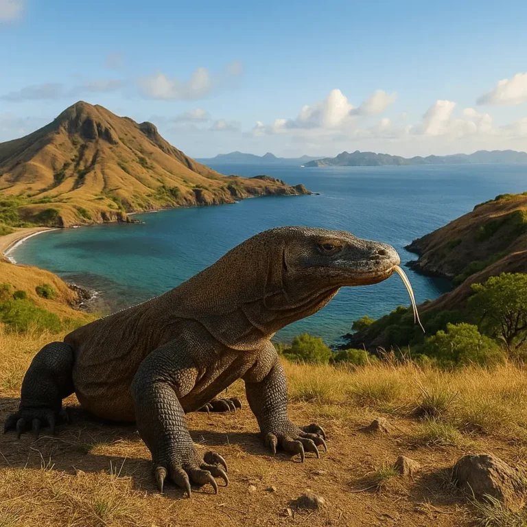 Dragão-de-Komodo em primeiro plano no Parque Nacional de Komodo, com colinas douradas e mar azul-turquesa ao fundo.