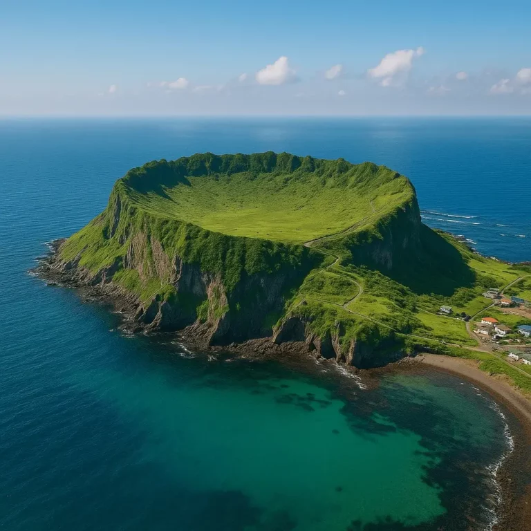 Vista aérea do Pico Seongsan Ilchulbong, na Ilha Jeju, mostrando a cratera verdejante rodeada por falésias e águas azul-turquesa.