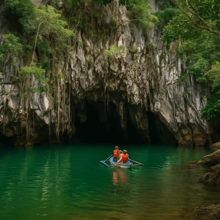 Barco com três pessoas, usando coletes salva-vidas, aproximando-se da entrada do Rio Subterrâneo de Puerto Princesa, rodeado por falésias de calcário e vegetação densa.