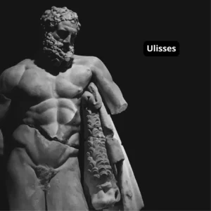 Estátua clássica de Ulisses em mármore, parcialmente danificada, com manto e expressão contemplativa.
