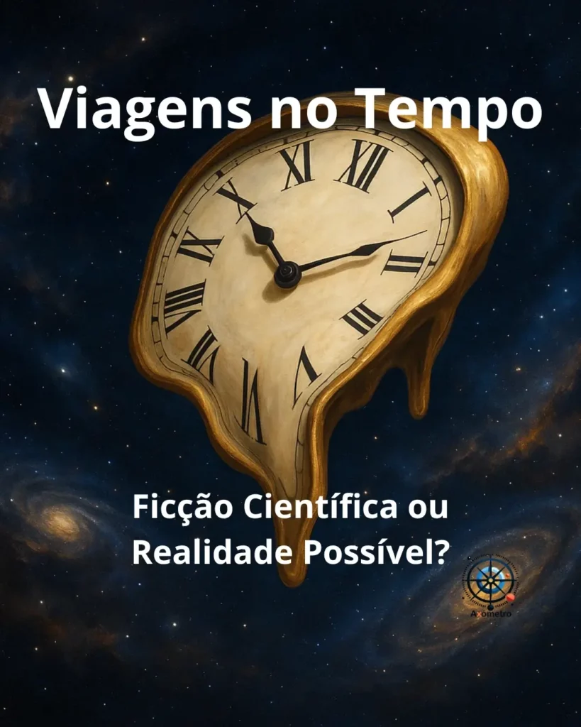 Ilustração digital com um relógio dourado e um portal brilhante no espaço, representando o conceito de viagens no tempo.