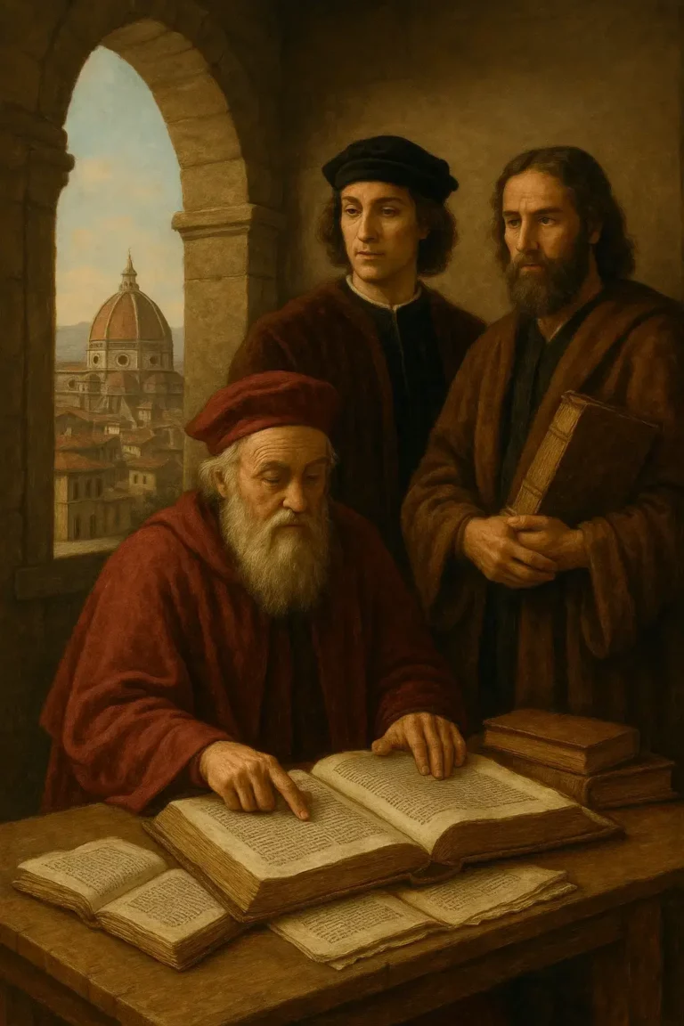 Três estudiosos renascentistas a analisar manuscritos antigos numa sala com vista para a cúpula de Florença, numa imagem ultra-realista inspirada no Renascimento.