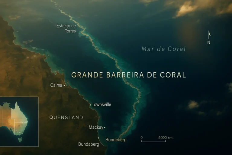 Mapa satélite cinematográfico da Grande Barreira de Coral ao longo de Queensland, do Estreito de Torres a Bundaberg, com escala e pontos-chave assinalados.