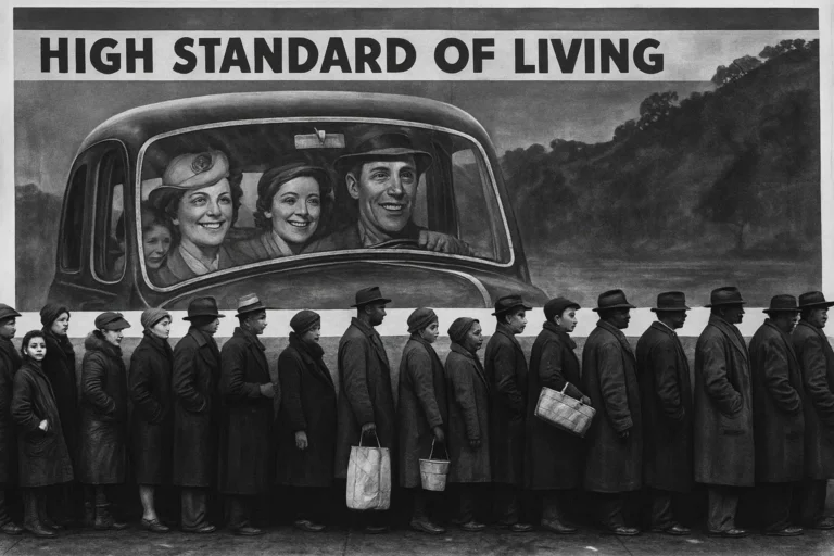 Fila de pessoas durante a Crise de 1929 em frente a um cartaz publicitário que contrasta a pobreza real com o ideal do “American Way of Life”.