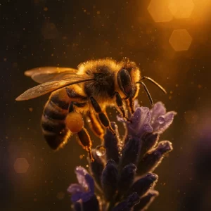 A importância das abelhas ilustrada num close-up de uma abelha-do-mel em flor de lavanda ao pôr do sol.