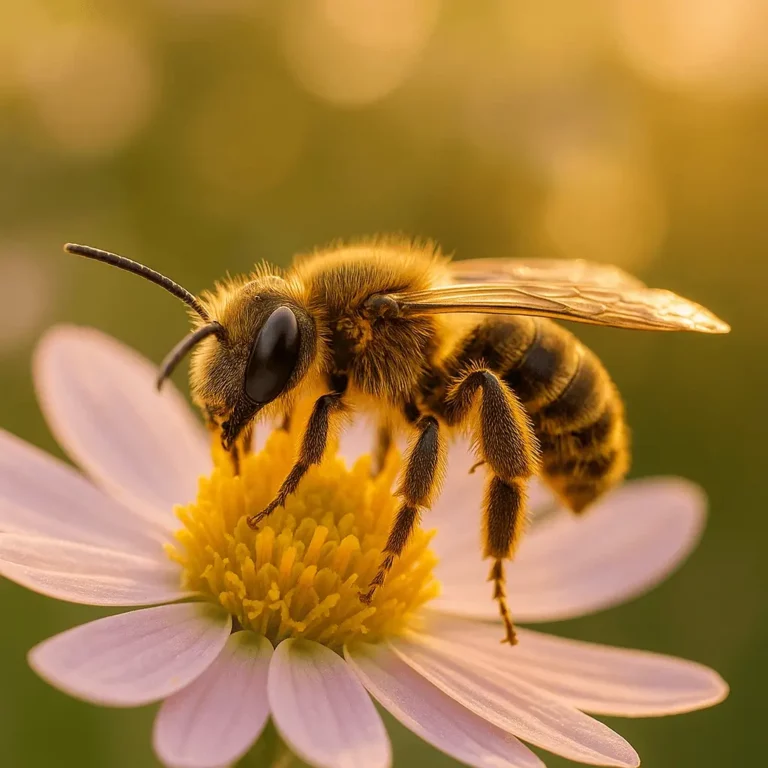 A importância das abelhas Andrena: close-up ultra-realista de uma abelha mineira a recolher pólen numa flor amarela.