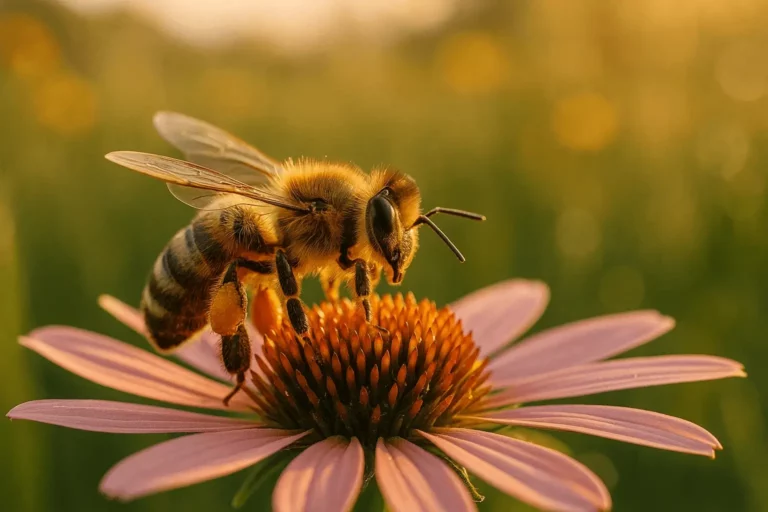 A importância das abelhas: close-up ultra-realista de uma Apis mellifera recolhendo néctar numa flor de echinacea ao pôr do sol.