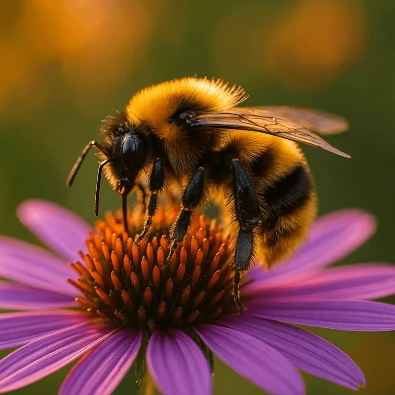 A importância das abelhas: close-up ultra-realista de um abelhão (Bombus spp.) sobre uma flor roxa de echinacea ao pôr do sol.