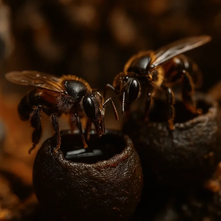 A importância das abelhas Meliponini: close-up de abelhas sem ferrão a cuidar dos potes de mel dentro da colónia.
