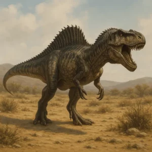 Acrocantossauro realista com espinhas dorsais elevadas em cenário árido do Cretácico