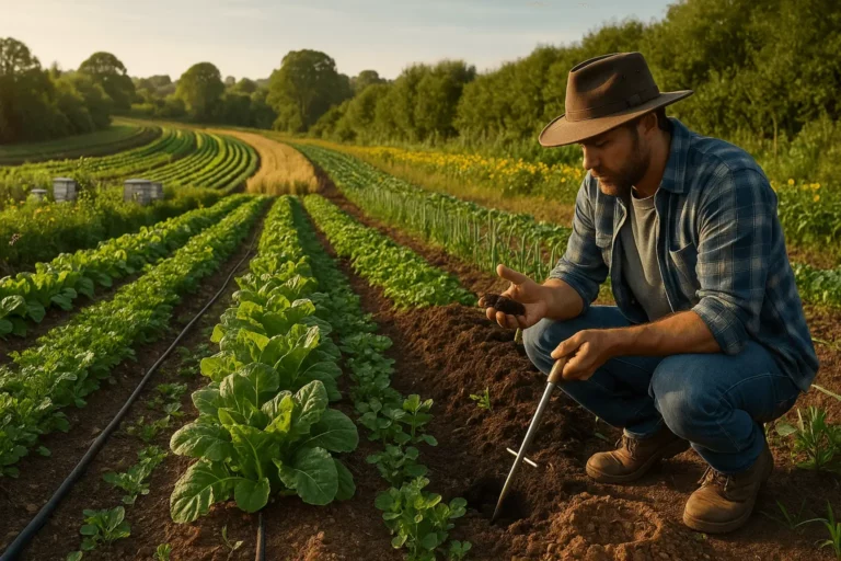 Agricultor a analisar solo fértil numa horta orgânica com rega gota-a-gota e colmeias ao fundo — agricultura biológica e regenerativa para uma economia sustentável.
