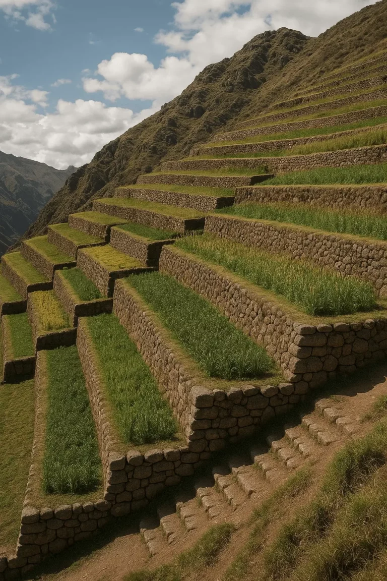 Socalcos agrícolas incas construídos em pedra numa encosta dos Andes, com diferentes níveis de cultivo e montanhas ao fundo.