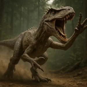 Alossauro em pose de ataque com mandíbulas abertas e garras levantadas em floresta jurássica