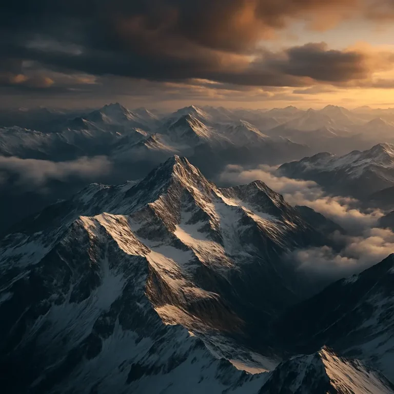 Vista aérea ultra-realista dos Alpes ao pôr do sol, com picos cobertos de neve emergindo acima das nuvens sob um céu dramático.