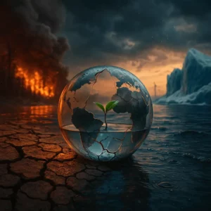 Globo de vidro rachado com uma muda verde no interior, sobre solo gretado que se funde com águas de cheia; ao fundo incêndio florestal, iceberg a derreter e turbinas eólicas — metáfora visual das alterações climáticas.