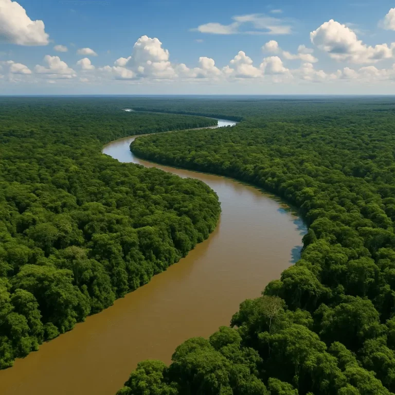 Vista aérea da Floresta Amazónica com um rio sinuoso atravessando a densa vegetação sob um céu parcialmente nublado.