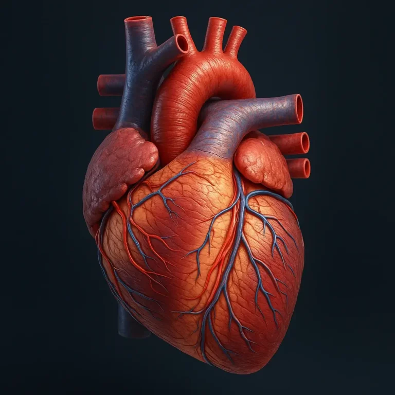 Ilustração 3D realista do coração humano, mostrando detalhes anatómicos como artérias, veias, câmaras cardíacas e textura muscular sobre fundo escuro.