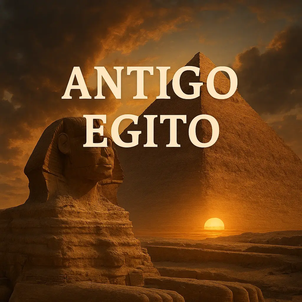 Imagem do Antigo Egito com o pôr do sol atrás da Grande Pirâmide de Gizé e da Esfinge, com o título “Antigo Egito” ao centro, evocando o mistério e a grandiosidade da civilização egípcia.
